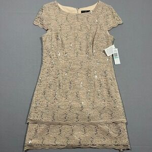 Alex Evenings Cocktail Sheath Dress Sequin Lace Tiered Taupe Womens 16P NWT